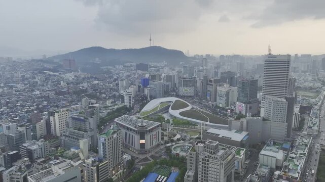 Aerial Drone View of DDP Dongdaemun Design Plaza Architecture and Cityscape in Seoul, South Korea