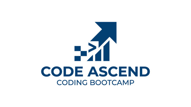 Modern coding bootcamp logo with upward arrow and pixel grid