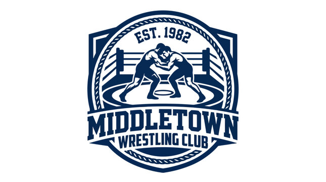 Bold blue Middletown Wrestling Club sports team logo emblem.