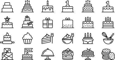 Birthday Cake and Bakery Vector Icon Set featuring Minimalist Multi-Tiered Pastries, Cupcakes, Cookies, and Baking Whisks for Cafe Logo Outline Graphic Designs © Icon Designs
