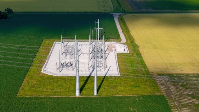 Aerial view of an electrical substation in a rural Michigan landscape