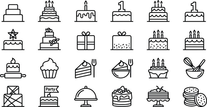 Birthday Cake and Bakery Vector Icon Set featuring Minimalist Multi-Tiered Pastries, Cupcakes, Cookies, and Baking Whisks for Cafe Logo Outline Graphic Designs