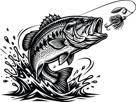 Bass fish jumping out of water catching a fishing lure