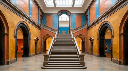 Obraz premium Museum interior featuring arched corridors staircase and colorful painted walls