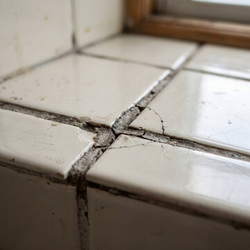Close-up of cracked grout between glossy tiles in bathroom interior  