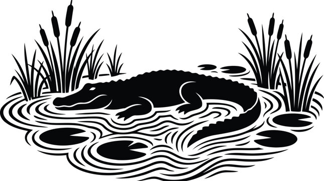 Black alligator resting in a swamp with cattails