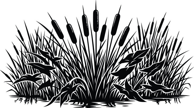 Black silhouette of cattail plants in a marshy pond