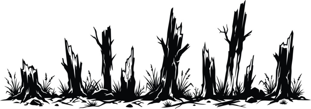 Black silhouette illustration of dead tree stumps in nature
