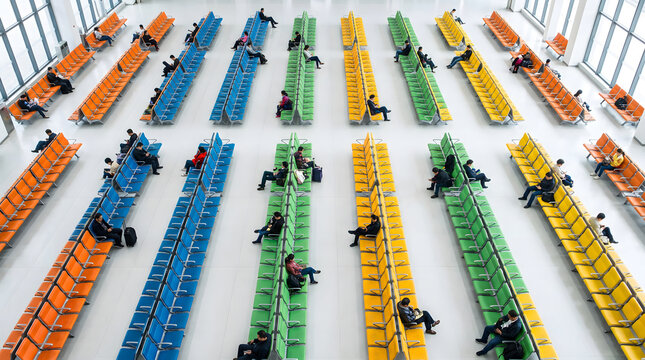 Passengers waiting in a modern transportation terminal with colorful rows of seats arranged in orderly patterns