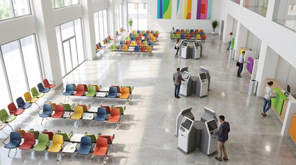 Obraz premium Modern airport terminal waiting hall with passengers using self service check in kiosks