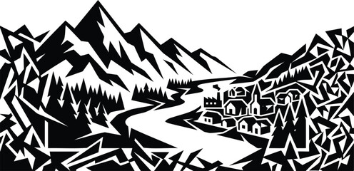 Fototapeta premium Black and white mountain landscape with forest and village