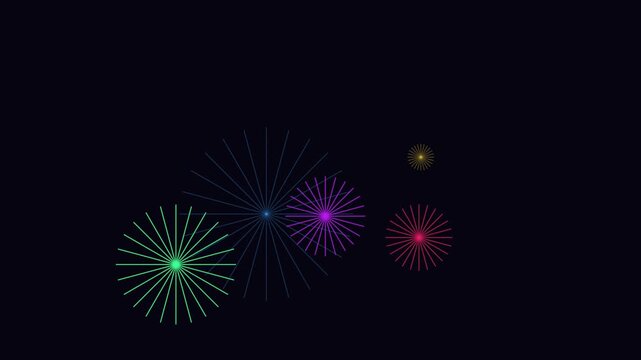 Abstract neon fireworks motion animation 4k background, with glowing radial, light bursts and, colorful particle effects, on dark backdrop