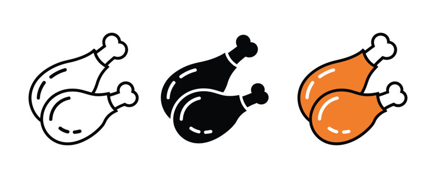 Chicken drumstick icons illustrating crispy fried poultry leg, delicious fast food, restaurant branding, roasted snack, and clean minimalist vector graphics for menu design.