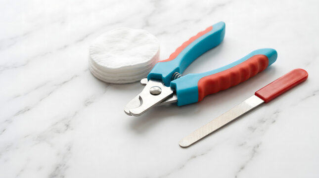 Pet nail clippers cotton pads and file arranged on marble surface