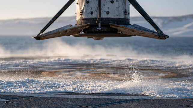 Reusable booster landing legs unfurl in synchronized sequence milliseconds above mobile sea platform, extreme close-up macro detail of hydraulic strut locking pin engaging, sea