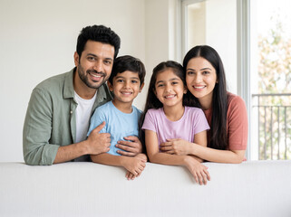 Fototapeta premium Young Indian family with two children smiling together on a white sofa in a modern home for real estate and insurance concepts
