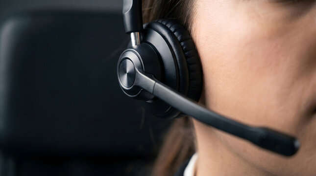 Close up side view of a female customer service representative wearing a black headset during work
