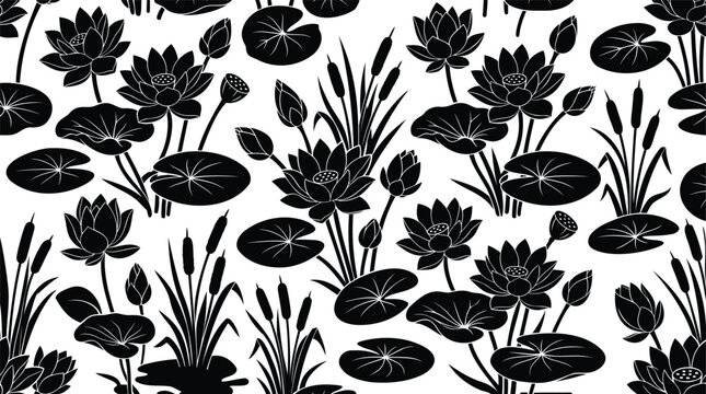 Black and white seamless pattern of lotus flowers and leaves