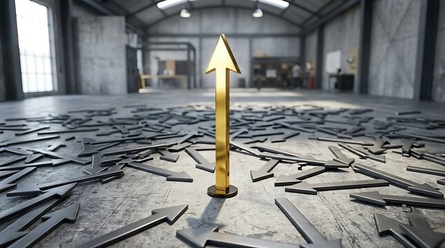 Pencil with yellow arrow standing upright on scattered pencils in a large room