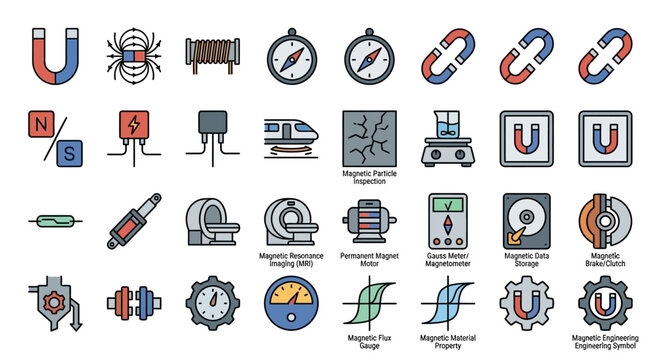 Clean Illustrated Icons Set Featuring Various Magnetic Concepts and Applications in Colorful Design