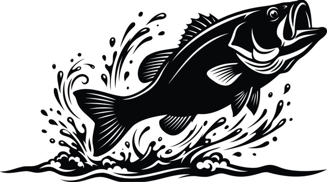 Large bass fish jumping out of water splash illustration