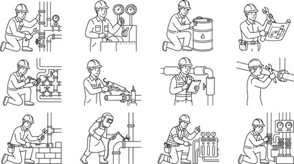Fototapeta premium Industrial Pipeline Maintenance Worker Vector Icon Set featuring Plumbers, Welders, and Technicians Repairing Valves, Gauges, and Tubes for Commercial Mechanical Engineering Designs