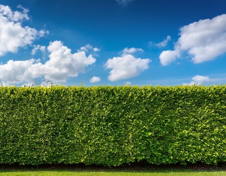 lush green hedge in foreground with vibrant green leaves against a bright blue sky and fluffy white clouds creating a serene outdoor landscape