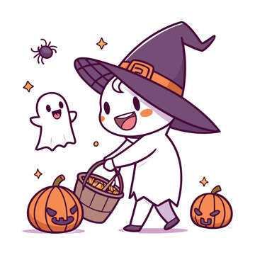 Halloween bunny, witch hat, trick or treat, cartoon character, pumpkin, ghost, spooky, orange, purple