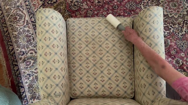 Person using lint roller to clean upholstery on armchair