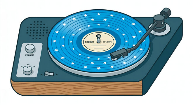 Isometric illustration of a vintage vinyl record player with a blue star-patterned vinyl disc and wooden texture accents