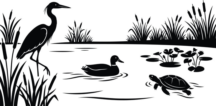 Heron duck and turtle swimming in a peaceful pond scene
