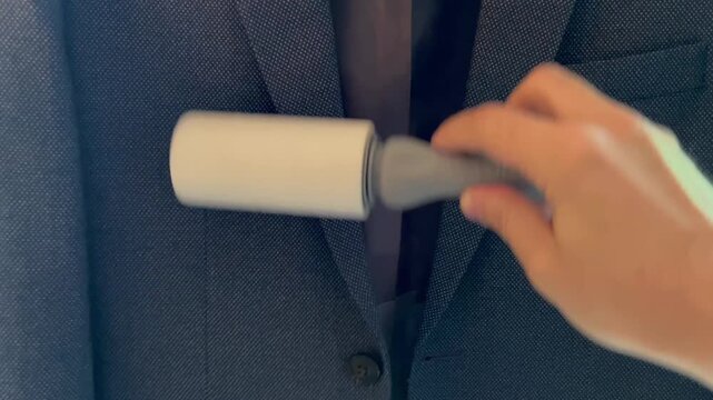 Person using lint roller to clean formal suit jacket