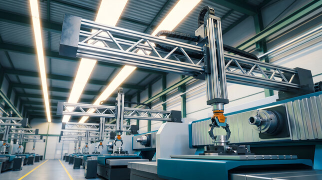 Modern smart factory with robotic arms and automated production line in operation