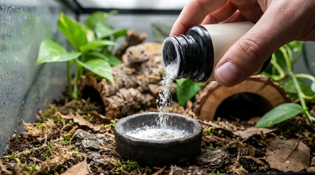Close-up of a hand pouring calcium powder supplement into a feeding bowl inside a reptile terrarium with a leopard gecko