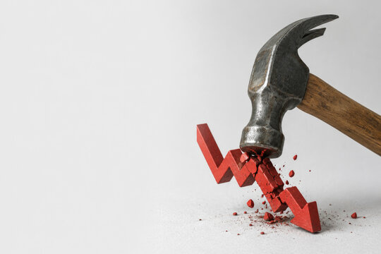 Hammer crushes a red downward arrow symbol. Space for text.