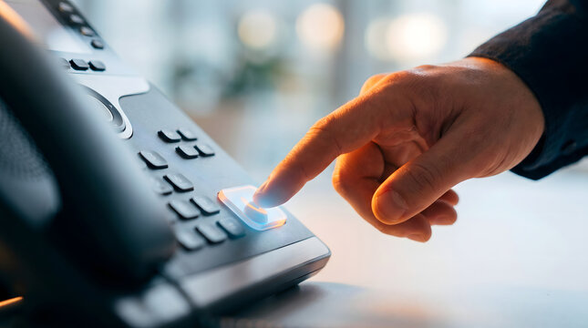 Finger pressing illuminated button on office telephone device in close-up view
