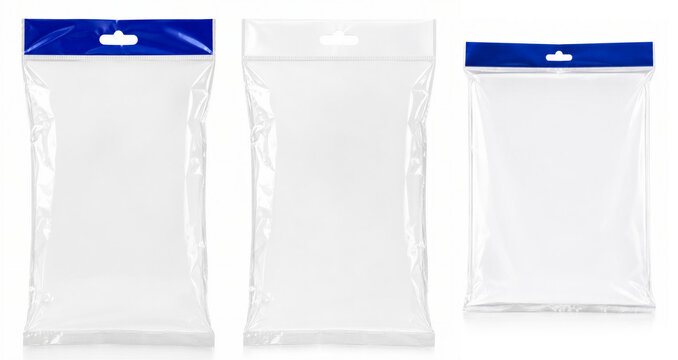 Transparent Clear Plastic Bag Mockup Set with White and Blue Header isolated in white background