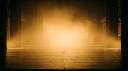 Obraz premium Dramatic Empty Theater Stage with Golden Haze and Cinematic Lighting | Mysterious Performance Venue Backdrop for Concerts and Events | Ethereal Fog on Wooden Stage Floor with Backlit Glow