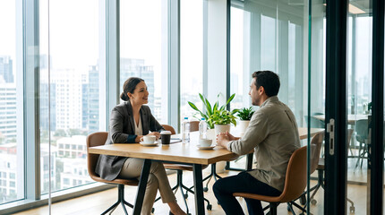 Fototapeta premium Two business professionals having a meeting at a table by large windows in a modern office