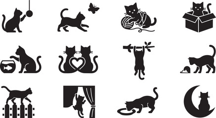 Black cat icons, feline silhouettes, kitty symbols, 12 vector graphics © Zia