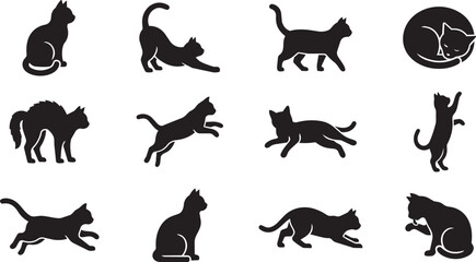 Black cat silhouettes, feline icons, cat shapes, vector illustrations, 12 black cats © Zia