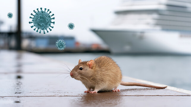 Small rodent (Rattus norvegicus) on a wet pier, with microscopic organisms floating above, and a large vessel in the background