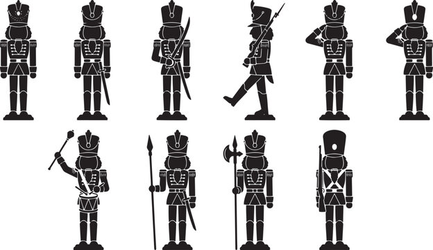 Vector soldier nutcrackers, toy army figures, black silhouettes, decorative characters, festive icons isolated on Transparent Background