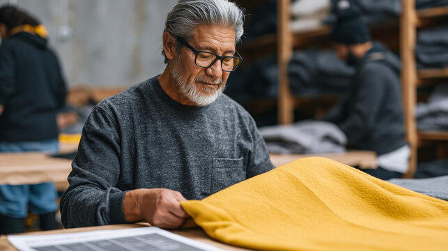 Tibetan clothes donation sorting volunteer unfolds and inspects a wool coat at a sorting table inside a community donation warehouse during October, comparing it against a printed