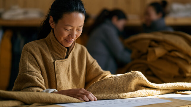 Tibetan clothes donation sorting volunteer unfolds and inspects a wool coat at a sorting table inside a community donation warehouse during October, comparing it against a printed