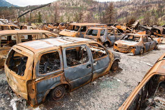 Canada, BC, Lytton, Jade Springs.  Burned remains of an old automobile scrapyard after wildfire swept through the area.