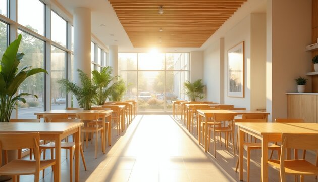 Empty modern cafeteria interior with many wooden tables and chairs. Large windows allow natural sunlight and plants add greenery to space. Clean minimalist design.