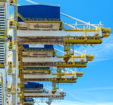Canada, BC, Delta.  Architectural detail of container cranes at Deltaport, a deepwater port on the Georgia Strait, 35km south of Vancouver.