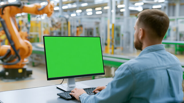 Engineer man work on computer with green screen monitor, program robotic arm in modern high-tech industrial manufacturing facility