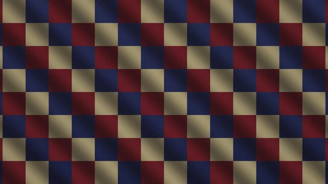 Colorful checkerboard pattern on fabric with red, blue, and gold